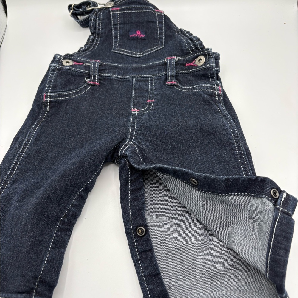 Infant girl Wrangler bib overalls hot pink stitching dark wash denim 3-6 months - Picture 7 of 7